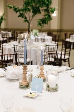 Candle centerpiece in pale blue
