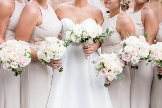 bridal bouquet and bridesmaids bouquets in blush and white