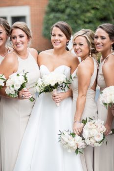 bridal and bridesmaids bouquets in blush and white. 