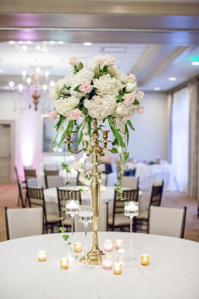 Stems Atlanta Wedding Florist, Atlanta Wedding Planner, www.stemsatlanta.com, Beautiful, elegant, tall centerpiece inspired by white and blush florals with greenery spilling out of the bottom.