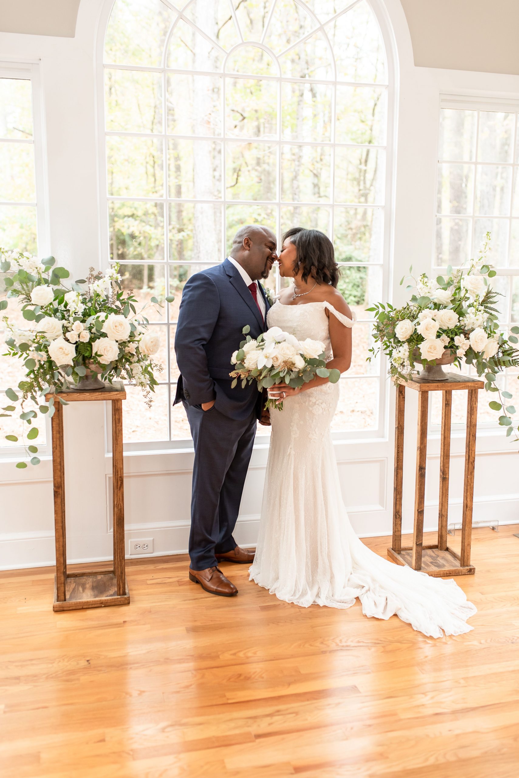 Stems Atlanta Wedding Florist, Atlanta Wedding Planner, www.stemsatlanta.com, Classic White Roses with accents of flowing greenery to highlight this beautiful couple at their surprise wedding.